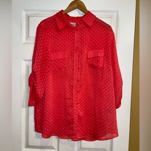 Avenue Vibrant Coral Textured Button up Blouse. EUC Size 18/20